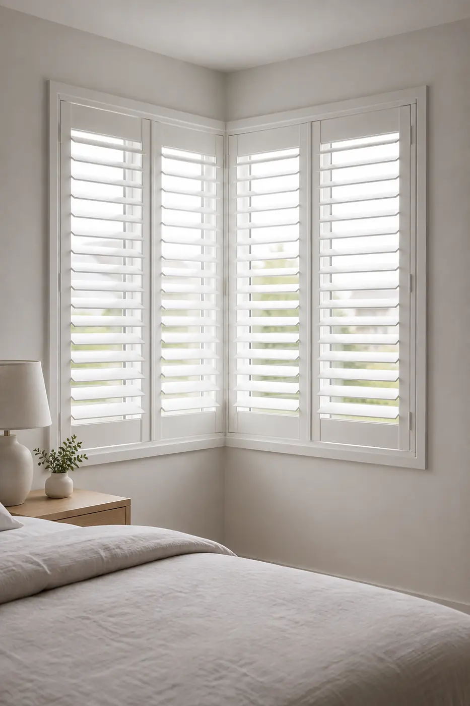 Plantation shutters in a bedroom